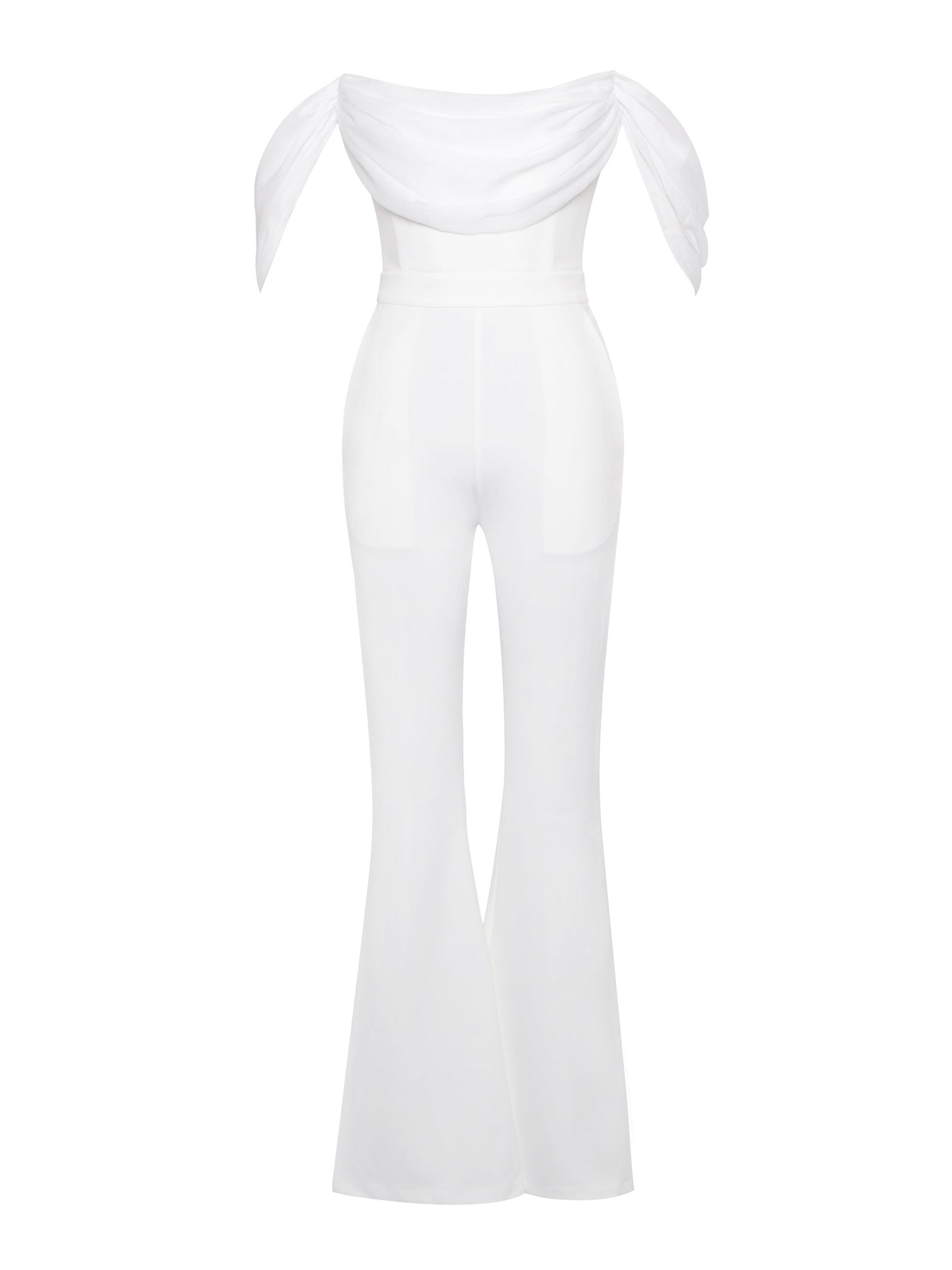 Sherlyn White Off Shoulder Flared Crepe Jumpsuit