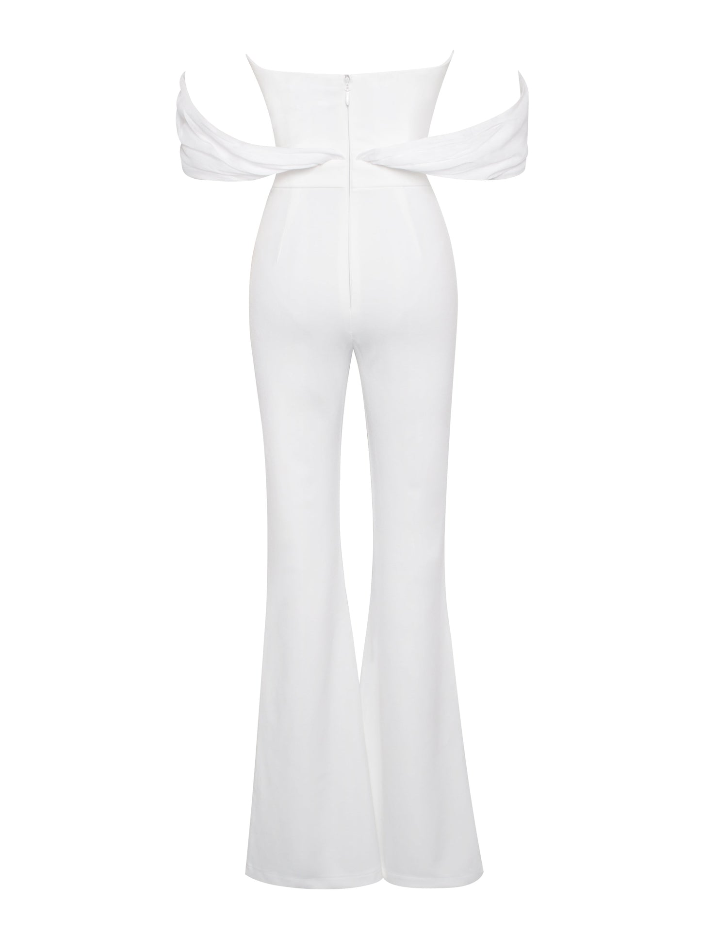 Sherlyn White Off Shoulder Flared Crepe Jumpsuit