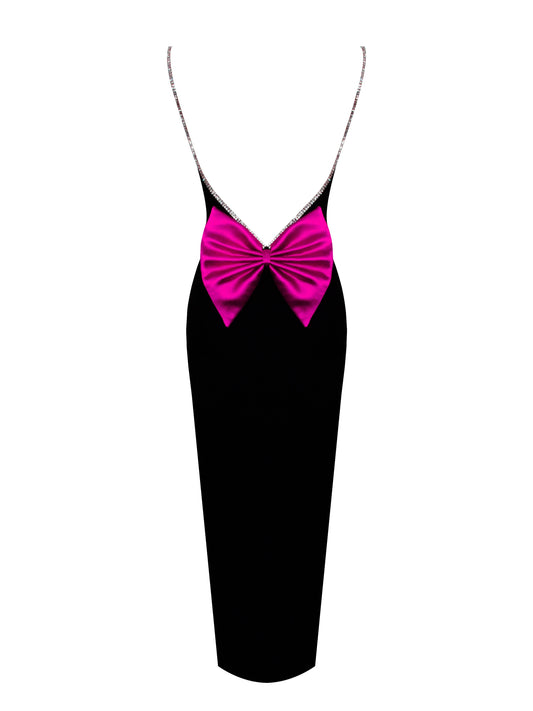 Flore Black Crystal Straps Backless Gown with Bow