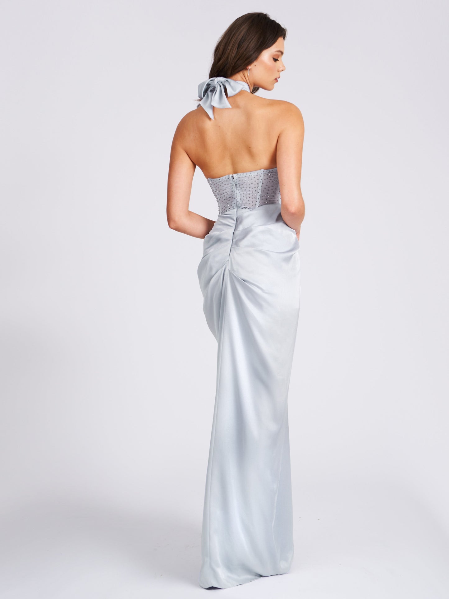 Noemie Champagne Crystal Corset Satin Gown