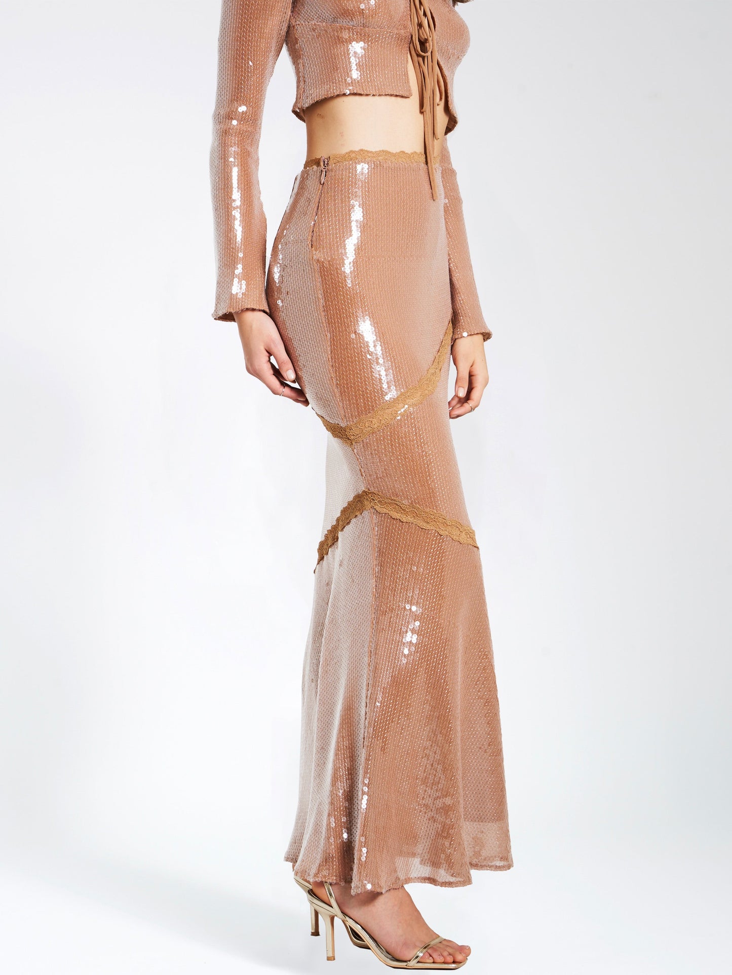Odalis Nude Sequin Maxi Skirt with Lace Trim