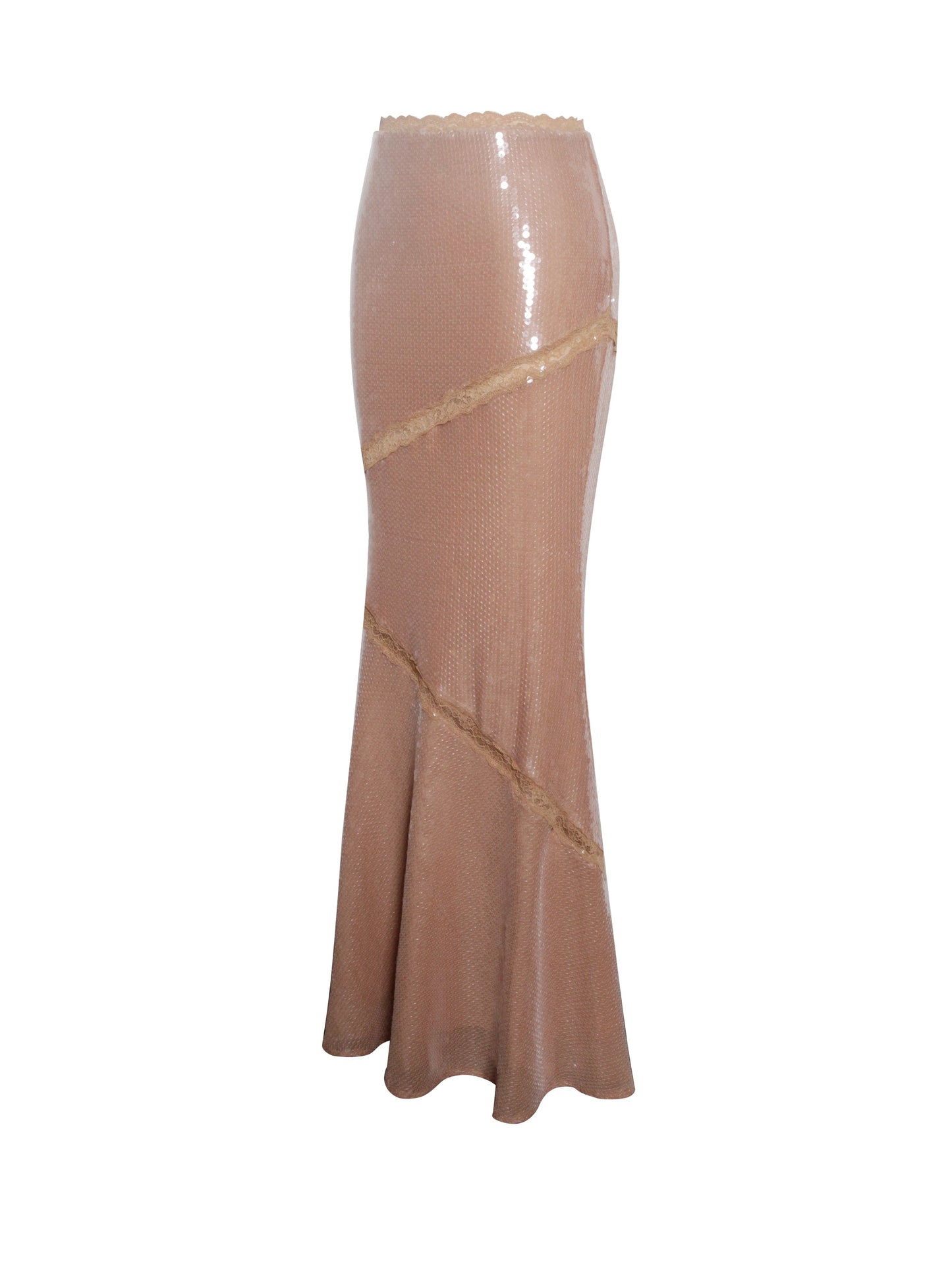Odalis Nude Sequin Maxi Skirt with Lace Trim