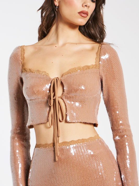 Ollie Nude Sequin Lace Up Top with Lace Trim