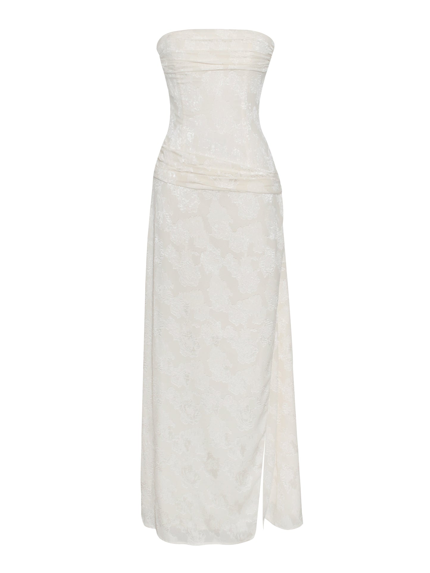 Xatia Off White Jacquard Textured High Slit Dress