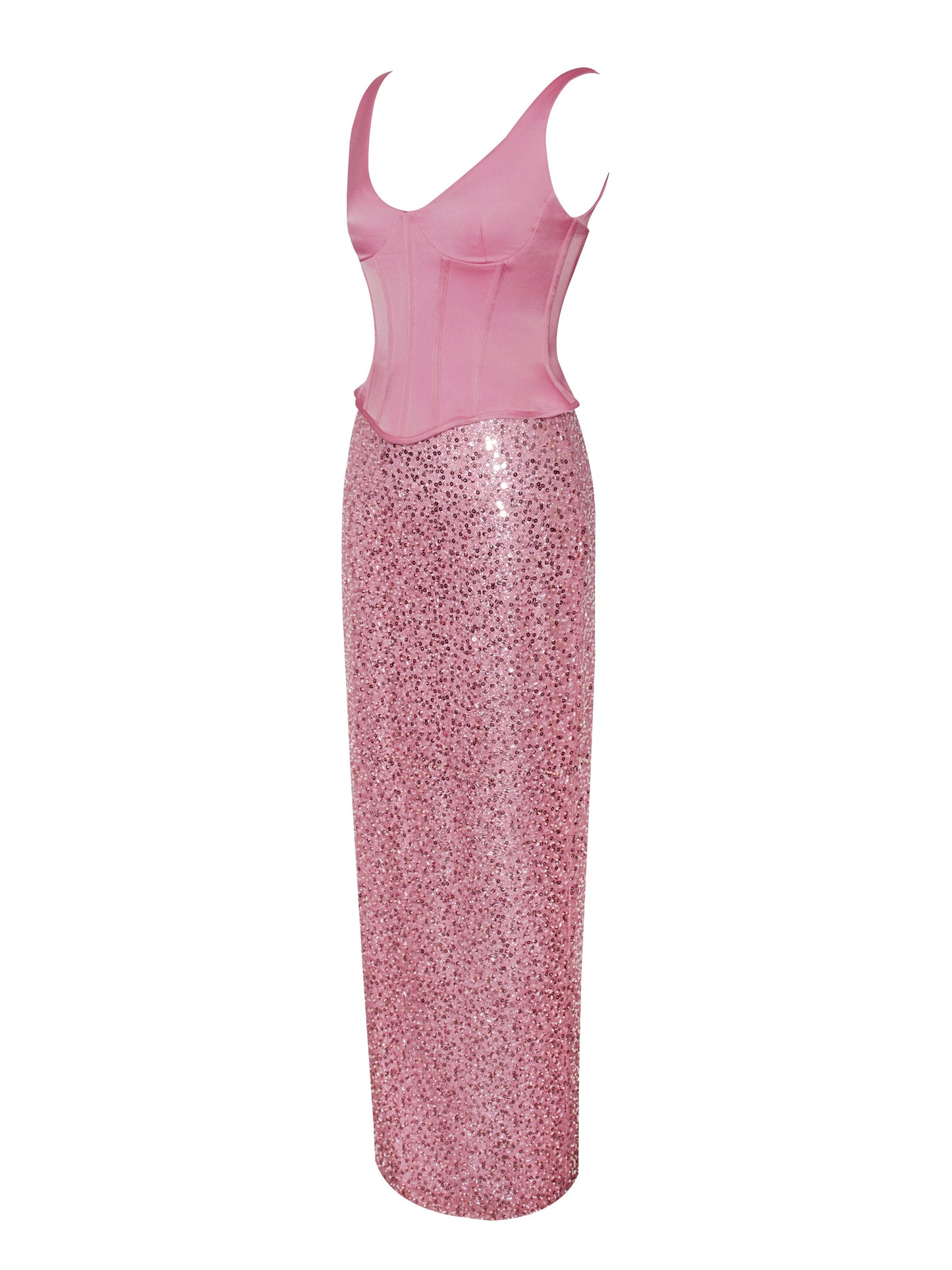 Juliana Pink Satin Corset Sequin Maxi Dress