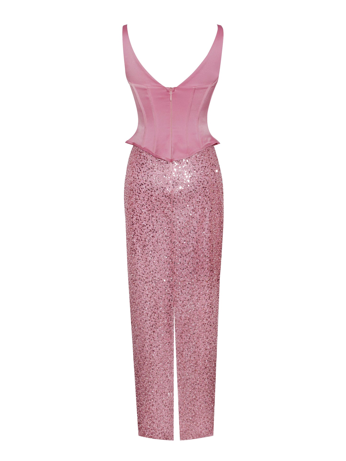 Juliana Pink Satin Corset Sequin Maxi Dress