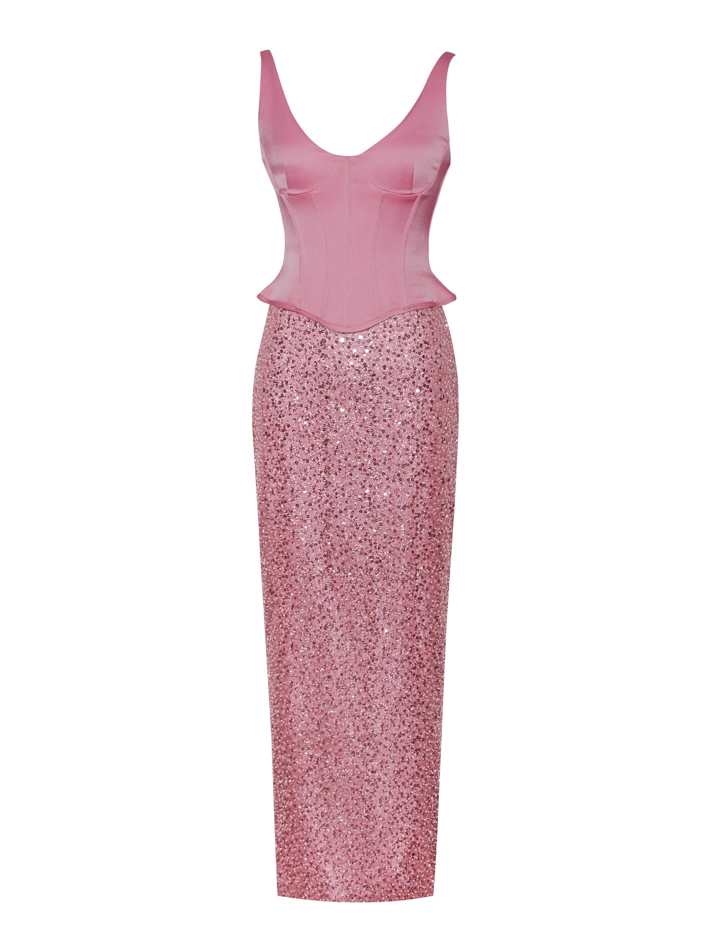 Juliana Pink Satin Corset Sequin Maxi Dress