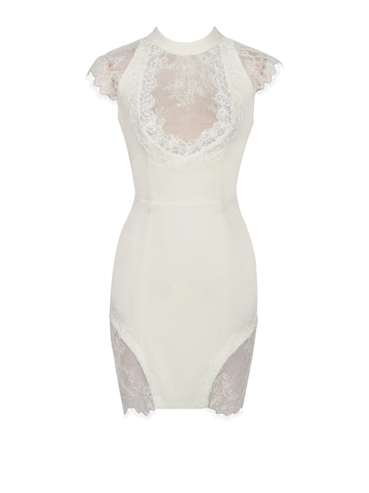 Quinella White Lace Crepe Backless Mini Dress