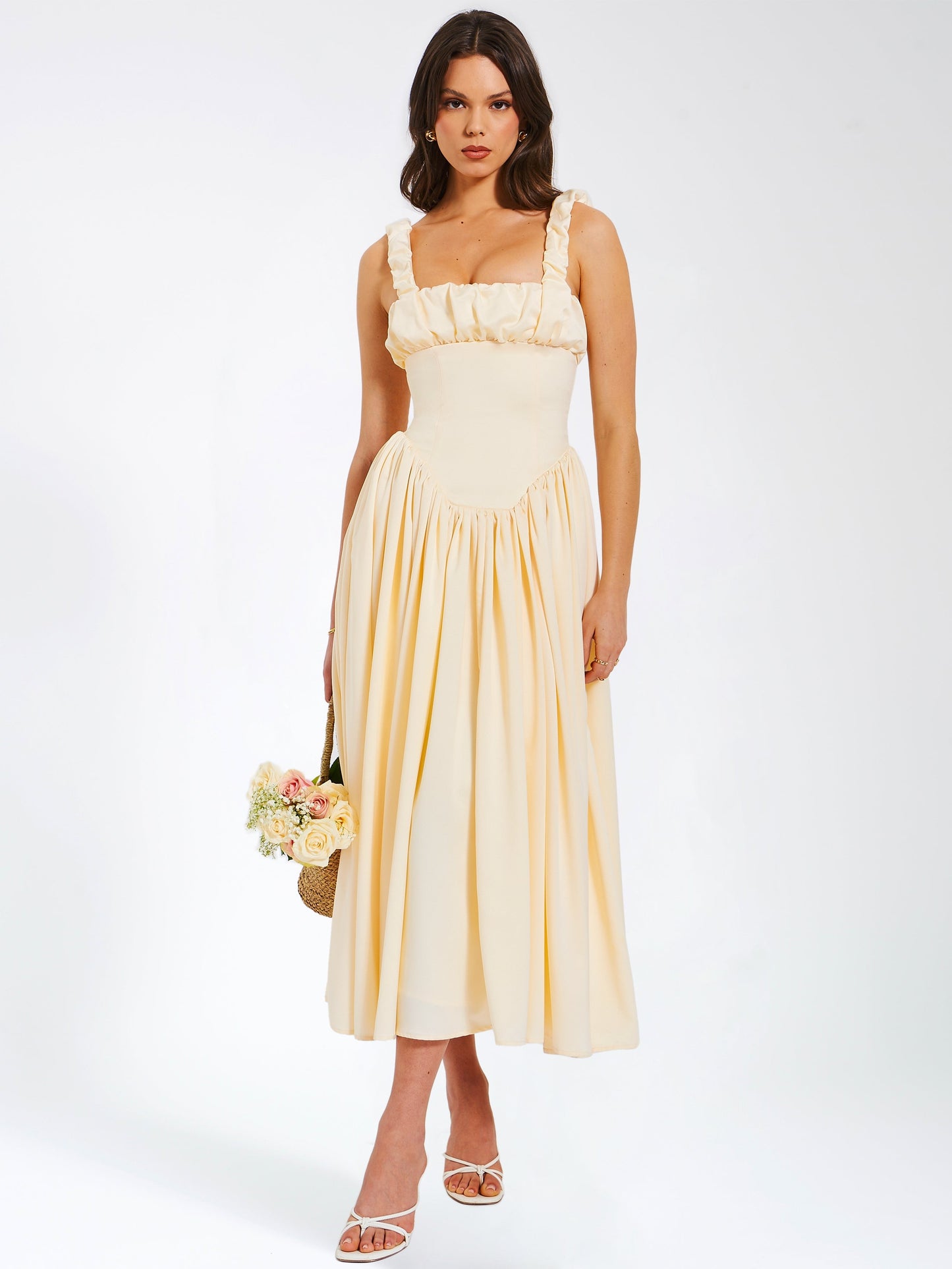 Noreen Egg White Satin Corset Maxi Sundress