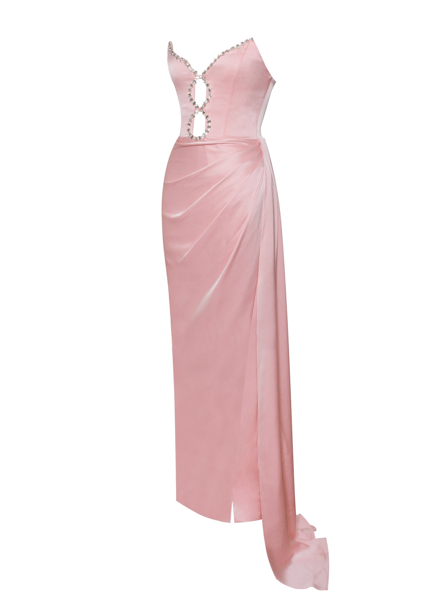 Marilyn Pink Satin Crystal Embellished High Gown