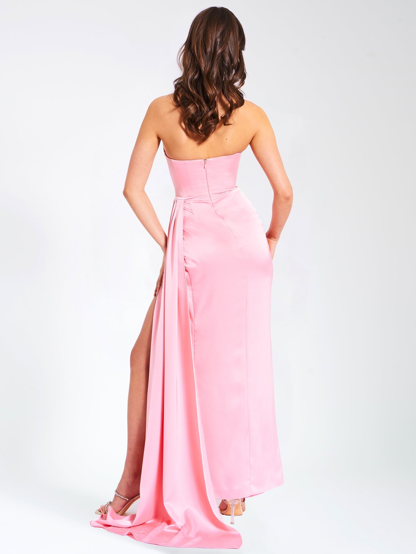 Marilyn Pink Satin Crystal Embellished High Gown