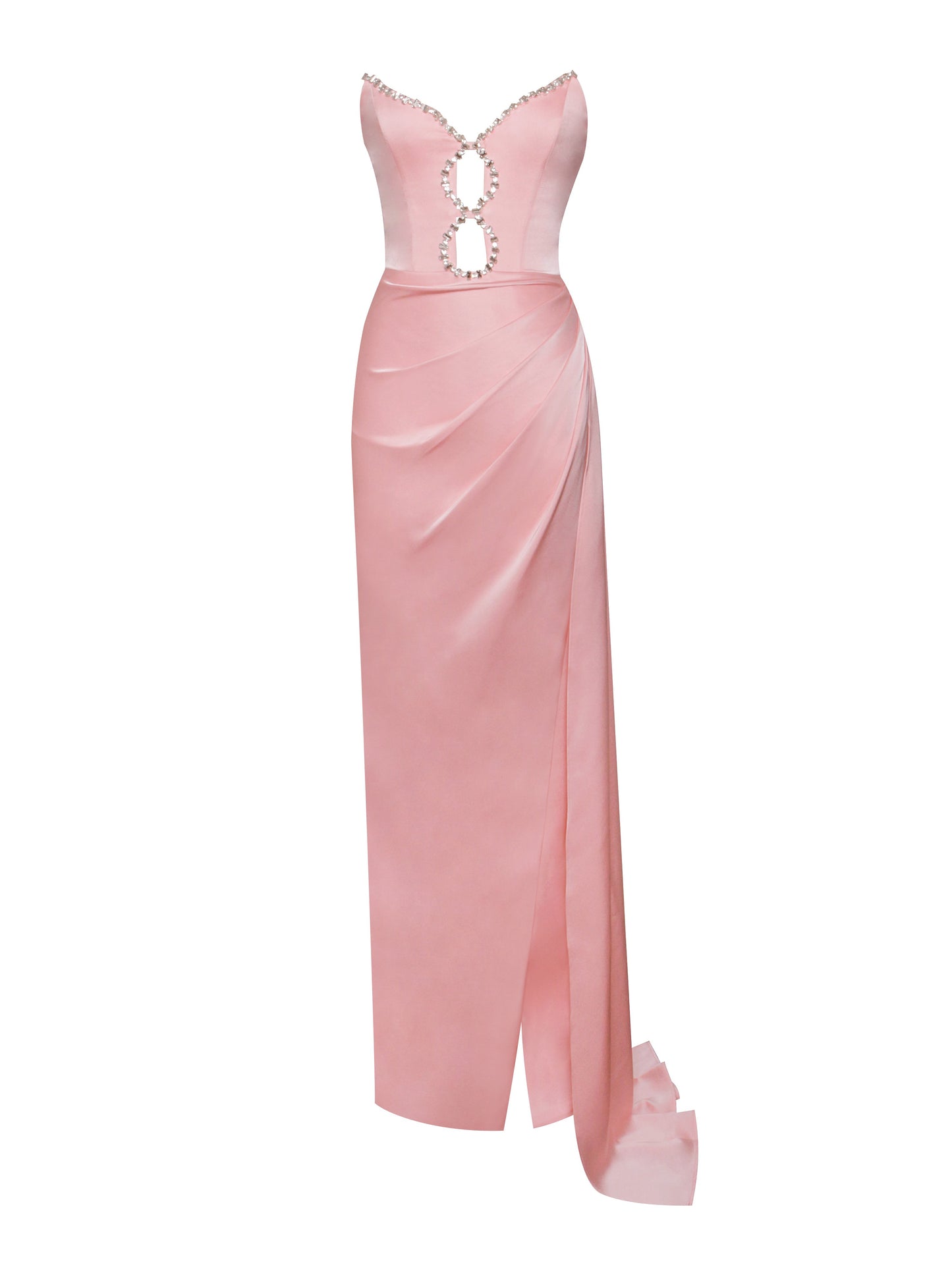 Marilyn Pink Satin Crystal Embellished High Gown
