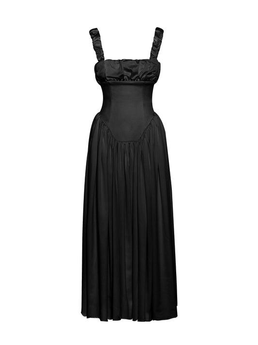 Noreen Black Satin Corset Maxi Sundress