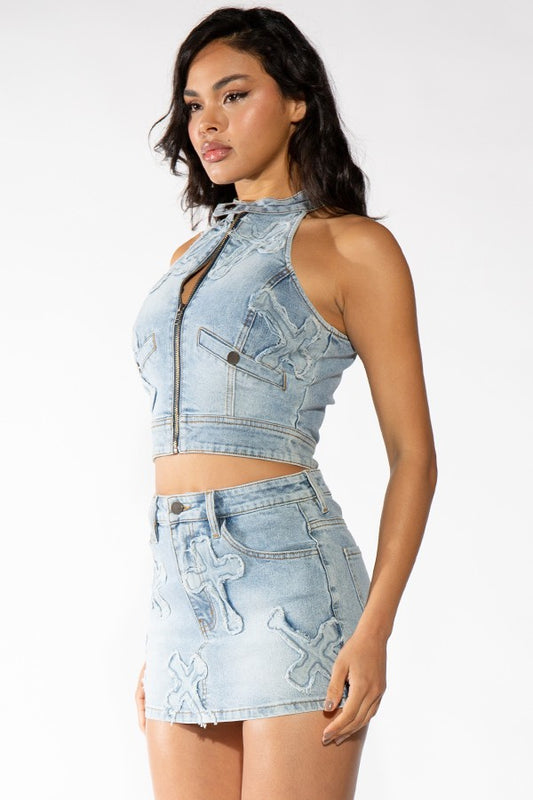 Alex CROSS PATCH DENIM JEAN MINI SKIRT