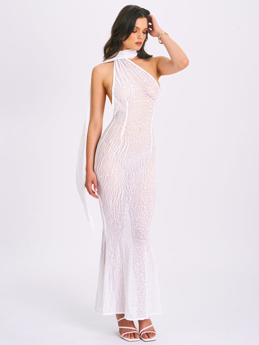 Olena White Burnout Velvet Animal Print Maxi Dress