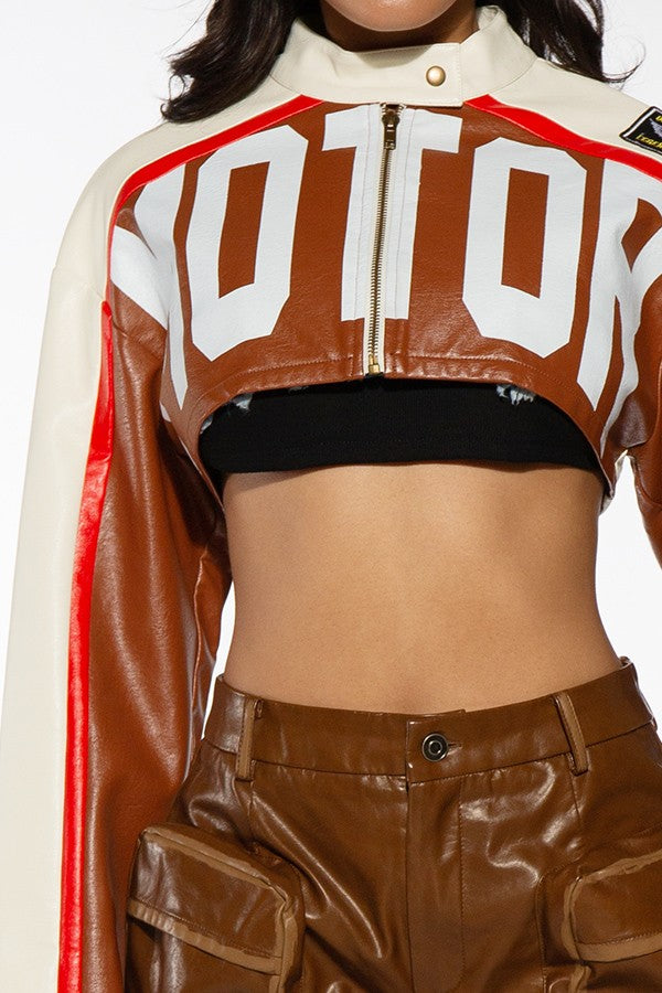 Jaded MOTOR PRINTED VEGAN LEATHER CROPPED JACKET