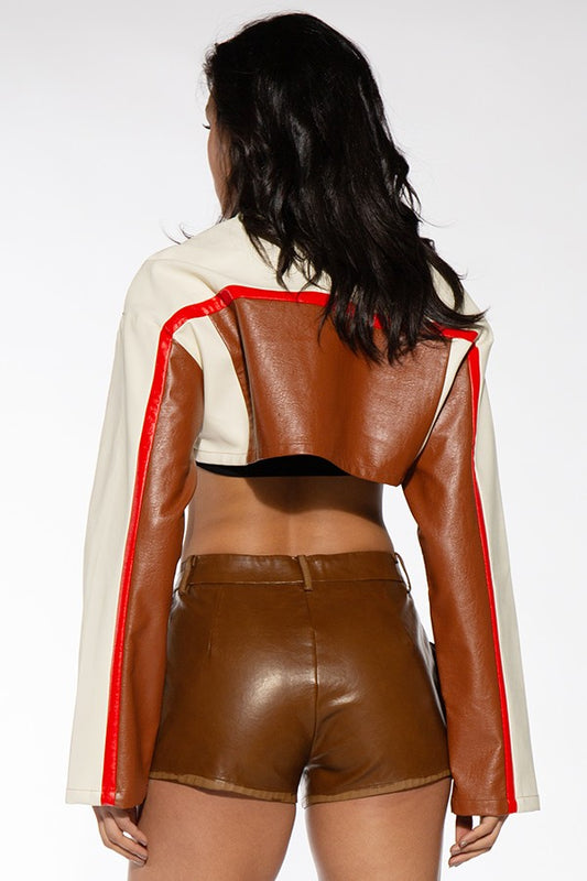 Jaded MOTOR PRINTED VEGAN LEATHER CROPPED JACKET