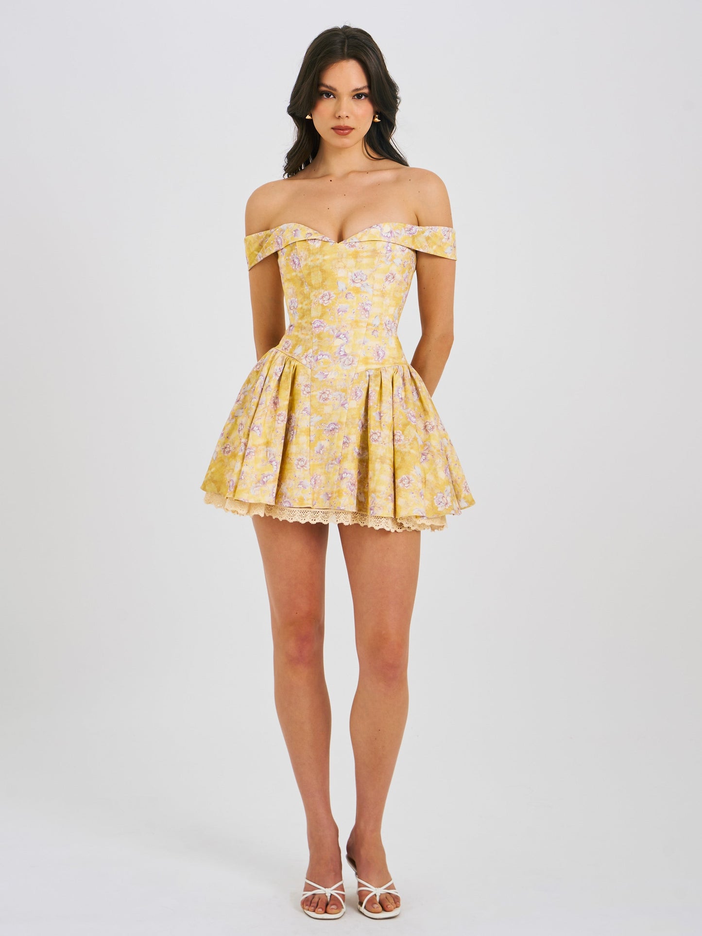 Oana Floral Print Linen Off Shoulder Mini Dress