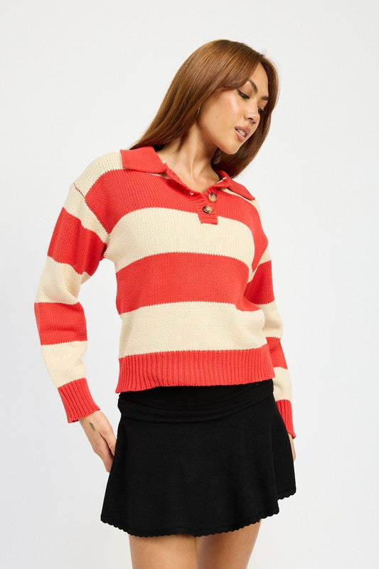 Leah Striped Collared Sweater Top