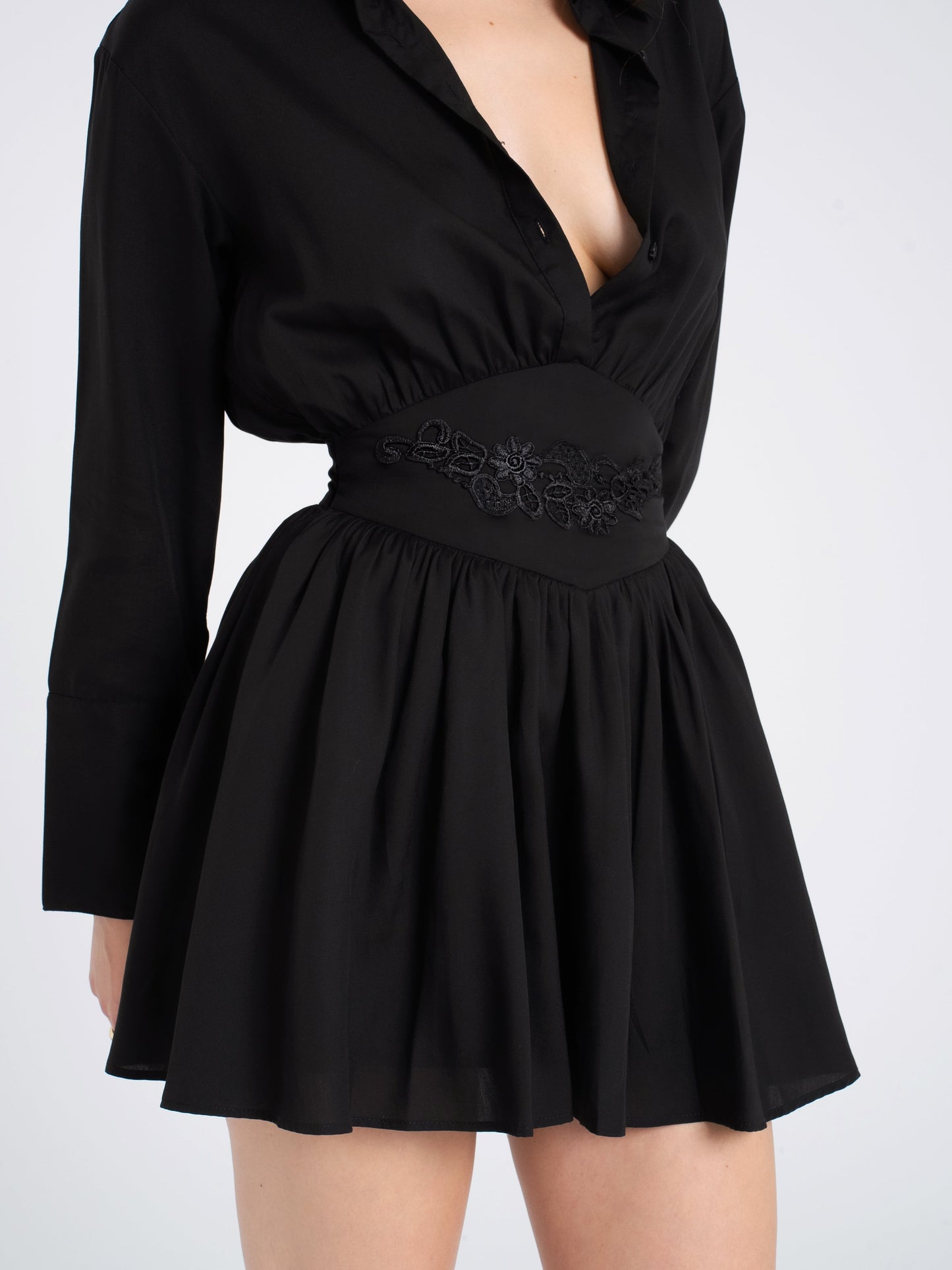 Jamila Black Shirt Mini Dress with Waist Detail