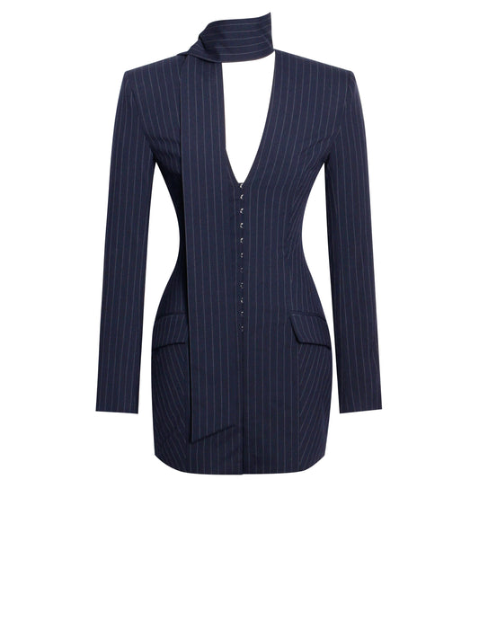 Tahlia Deep V Pinstripes Navy Blue Blazer Dress