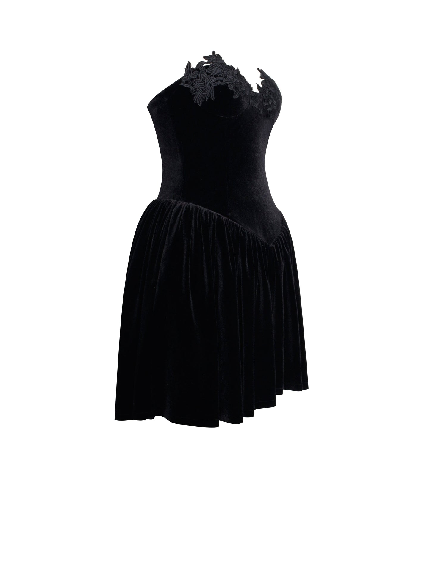 Nora Black Velvet Puffy Mini Dress with Lace Trim