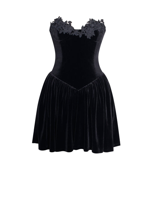 Nora Black Velvet Puffy Mini Dress with Lace Trim