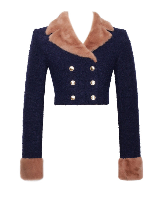 Wava Navy Blue Trim Cropped Boucle Wool Jacket