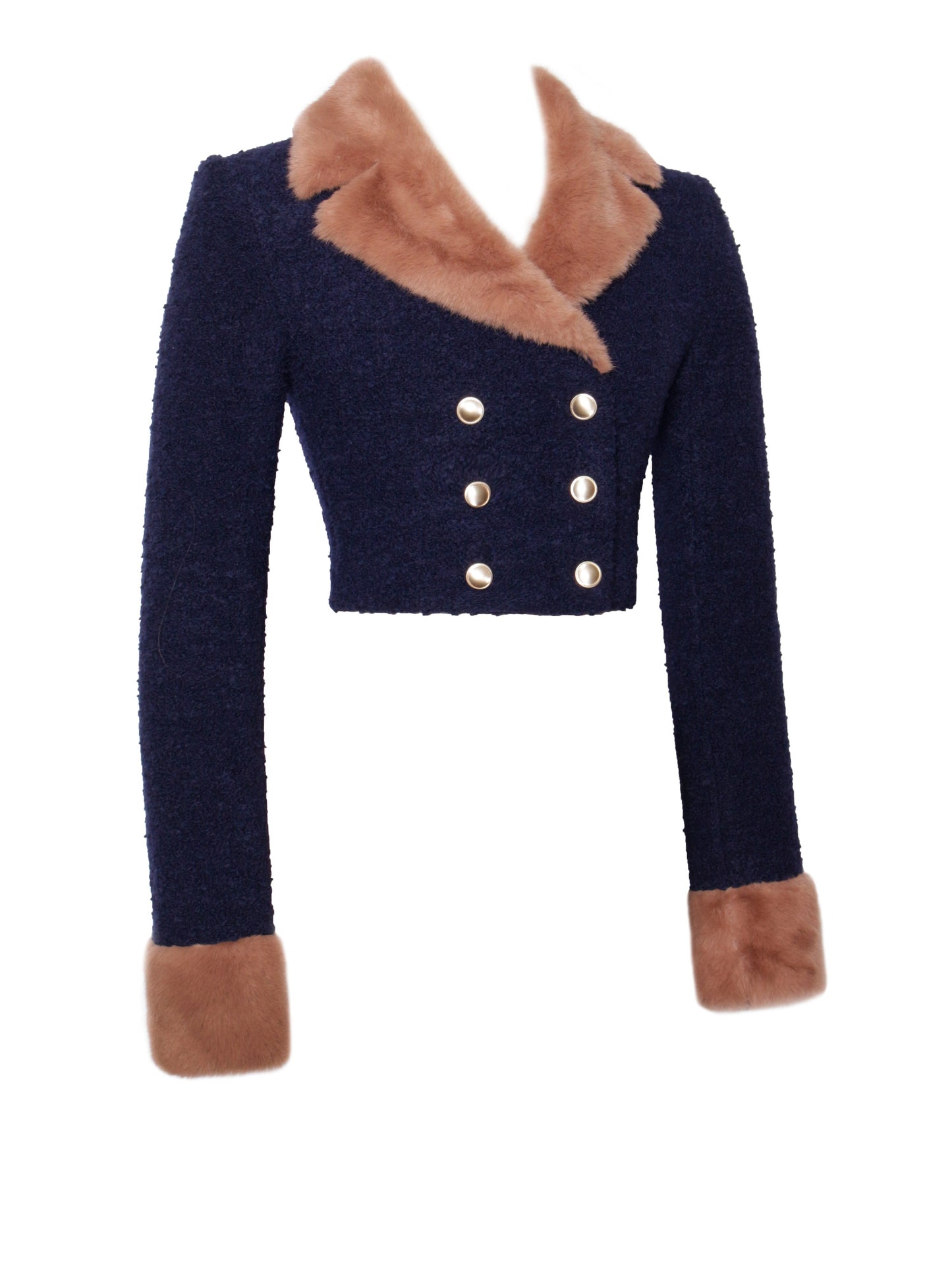 Wava Navy Blue Trim Cropped Boucle Wool Jacket