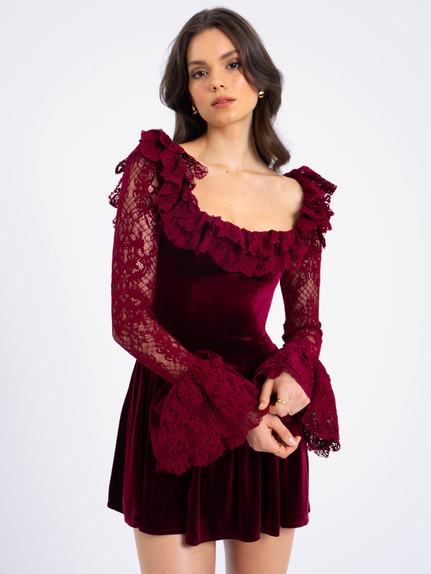 Yachira Burgundy Velvet Lace Flare Mini Dress