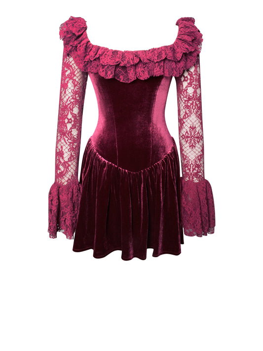 Yachira Burgundy Velvet Lace Flare Mini Dress