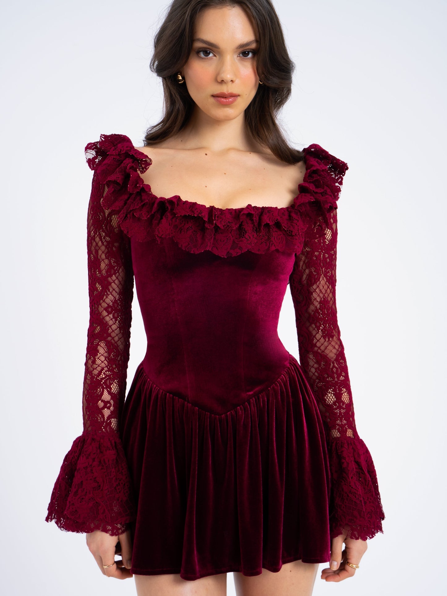 Yachira Burgundy Velvet Lace Flare Mini Dress