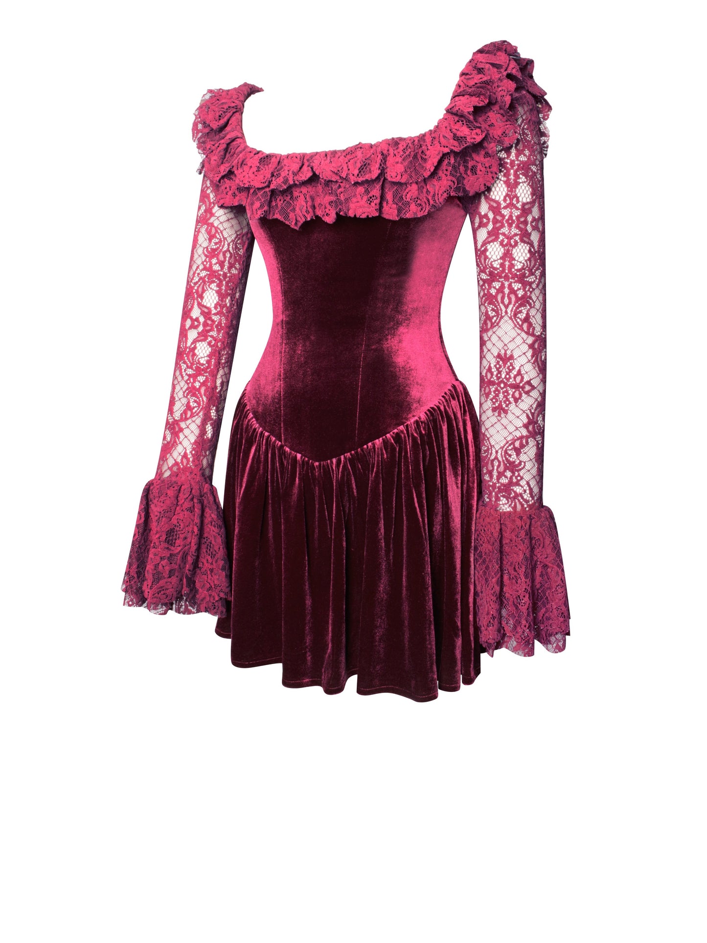 Yachira Burgundy Velvet Lace Flare Mini Dress