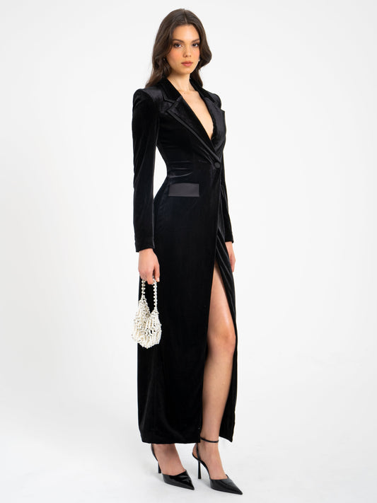 Willow Black Velvet High Slit Blazer Gown