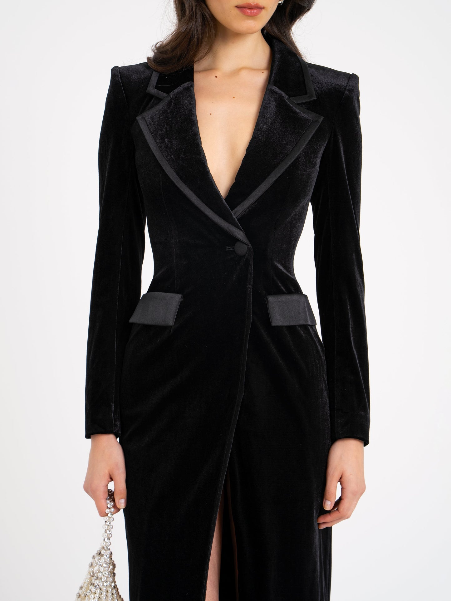 Willow Black Velvet High Slit Blazer Gown
