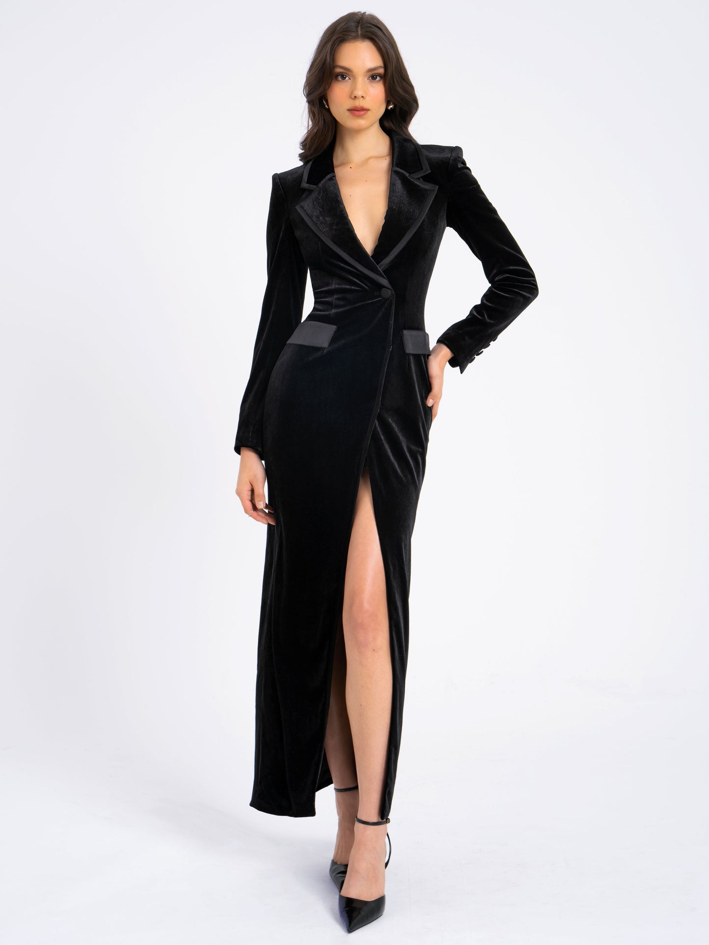 Willow Black Velvet High Slit Blazer Gown