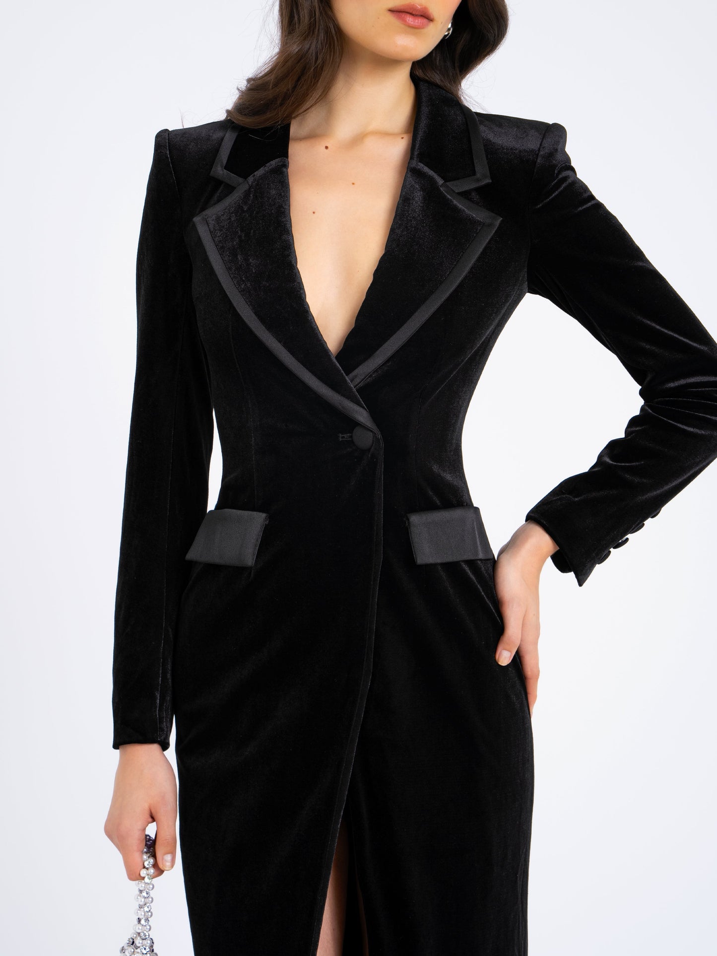Willow Black Velvet High Slit Blazer Gown