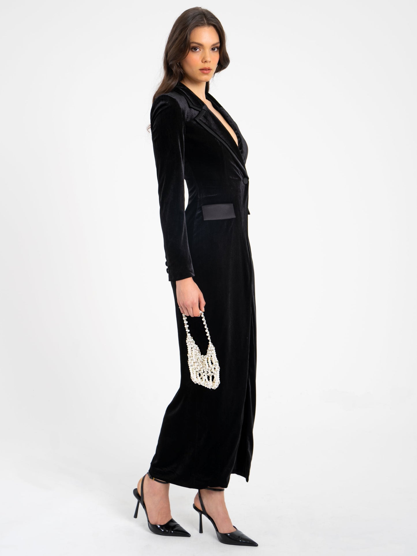 Willow Black Velvet High Slit Blazer Gown