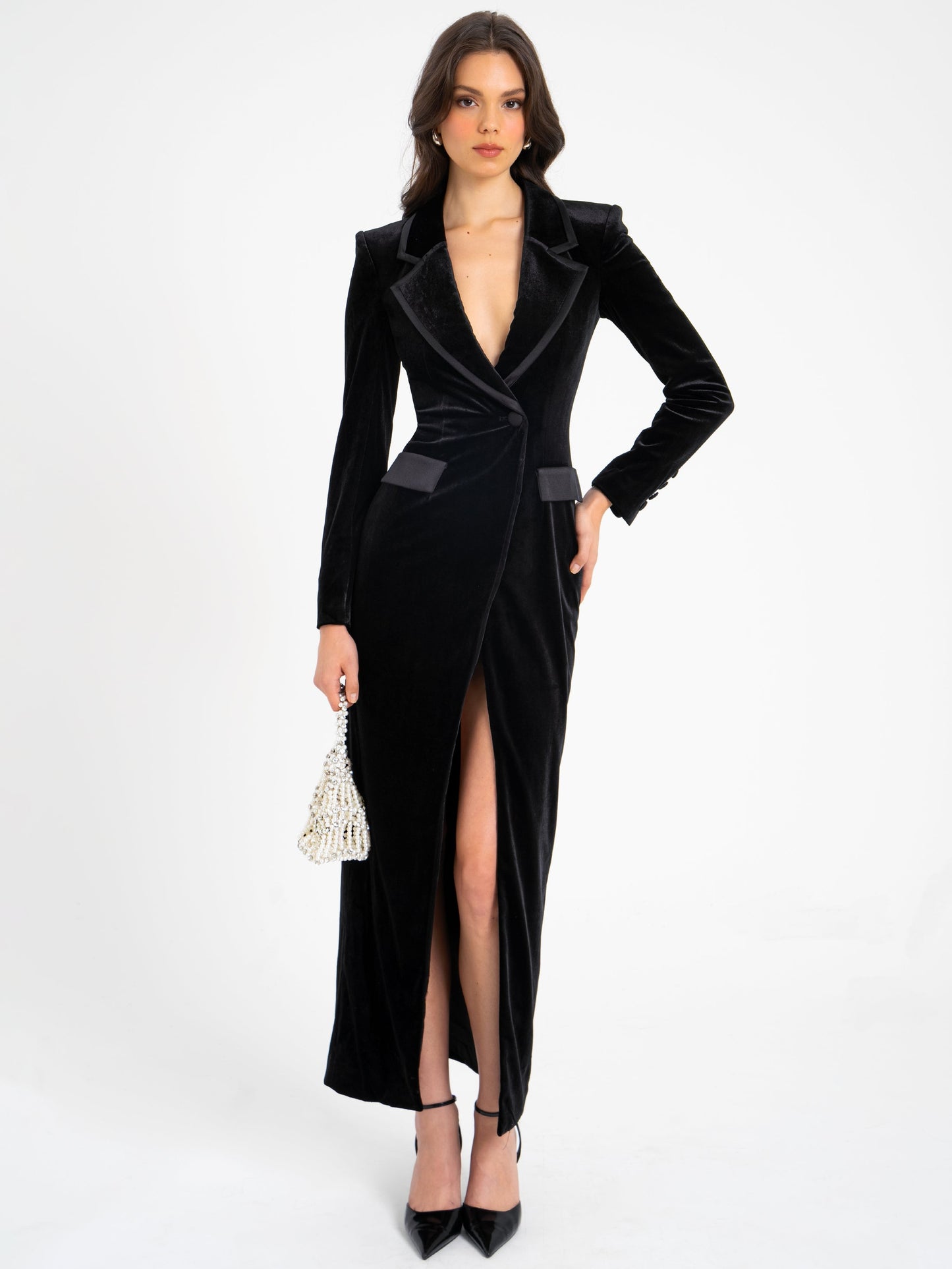 Willow Black Velvet High Slit Blazer Gown