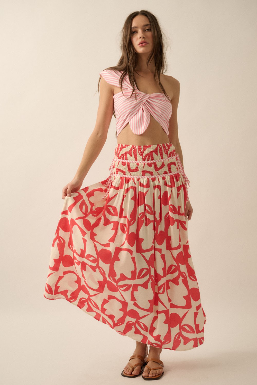 Abstract Floral-Print Tiered-Waist Maxi Skirt