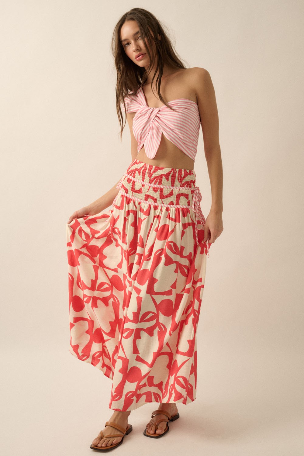 Abstract Floral-Print Tiered-Waist Maxi Skirt