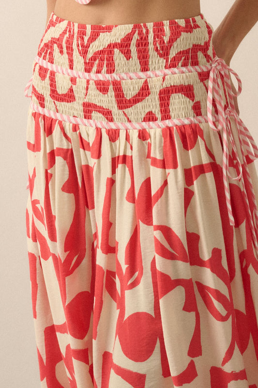Abstract Floral-Print Tiered-Waist Maxi Skirt