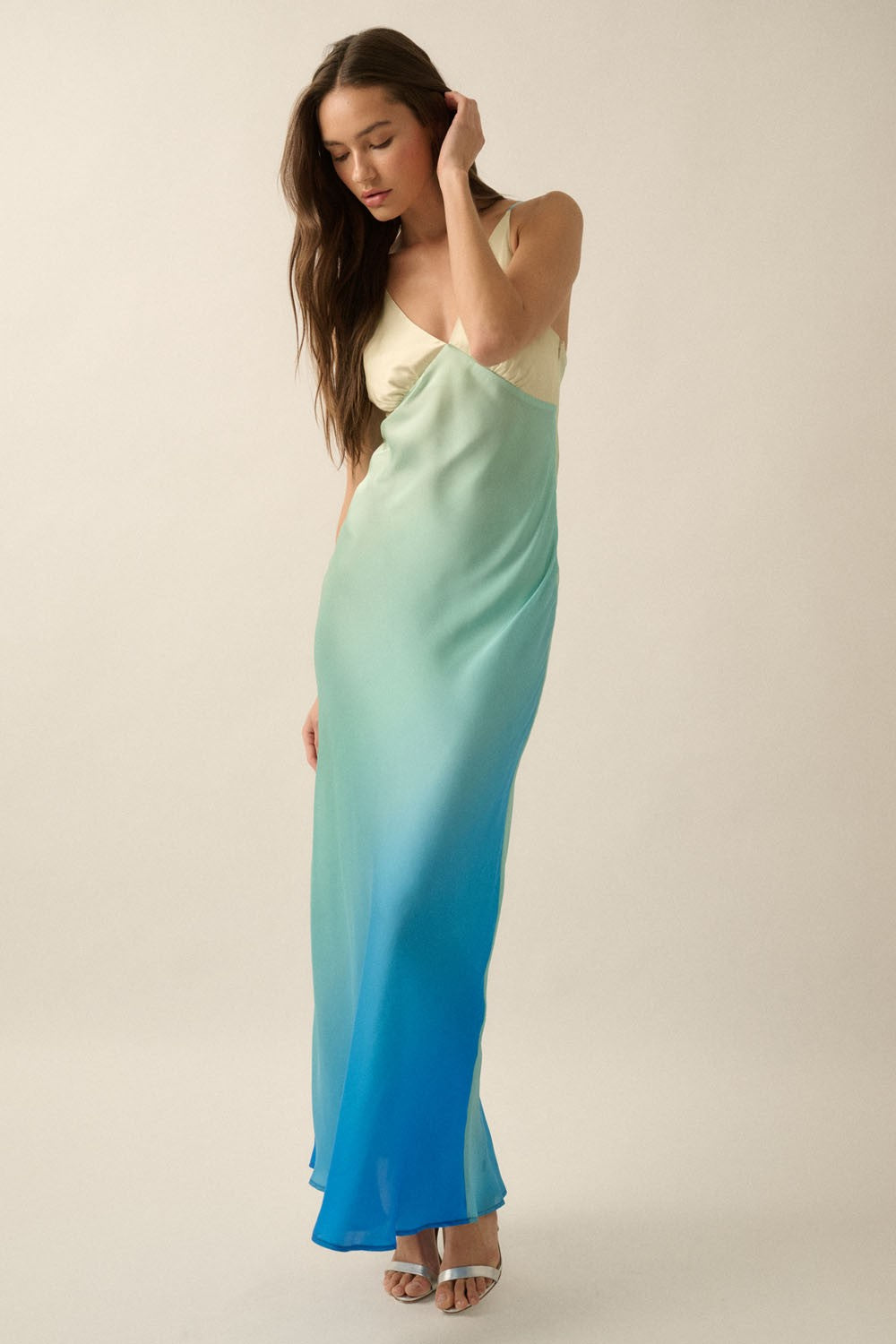 Ombre Satin Deep V-Neck Fit And Flare Slip Dress
