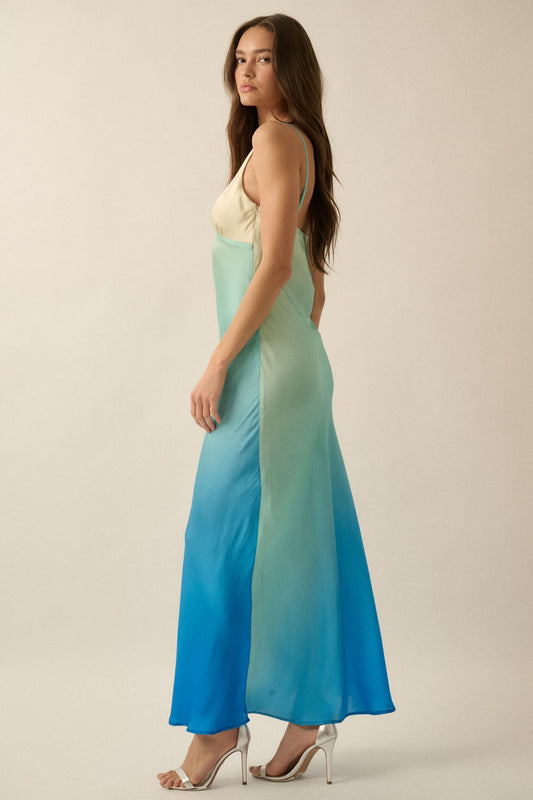 Ombre Satin Deep V-Neck Fit And Flare Slip Dress