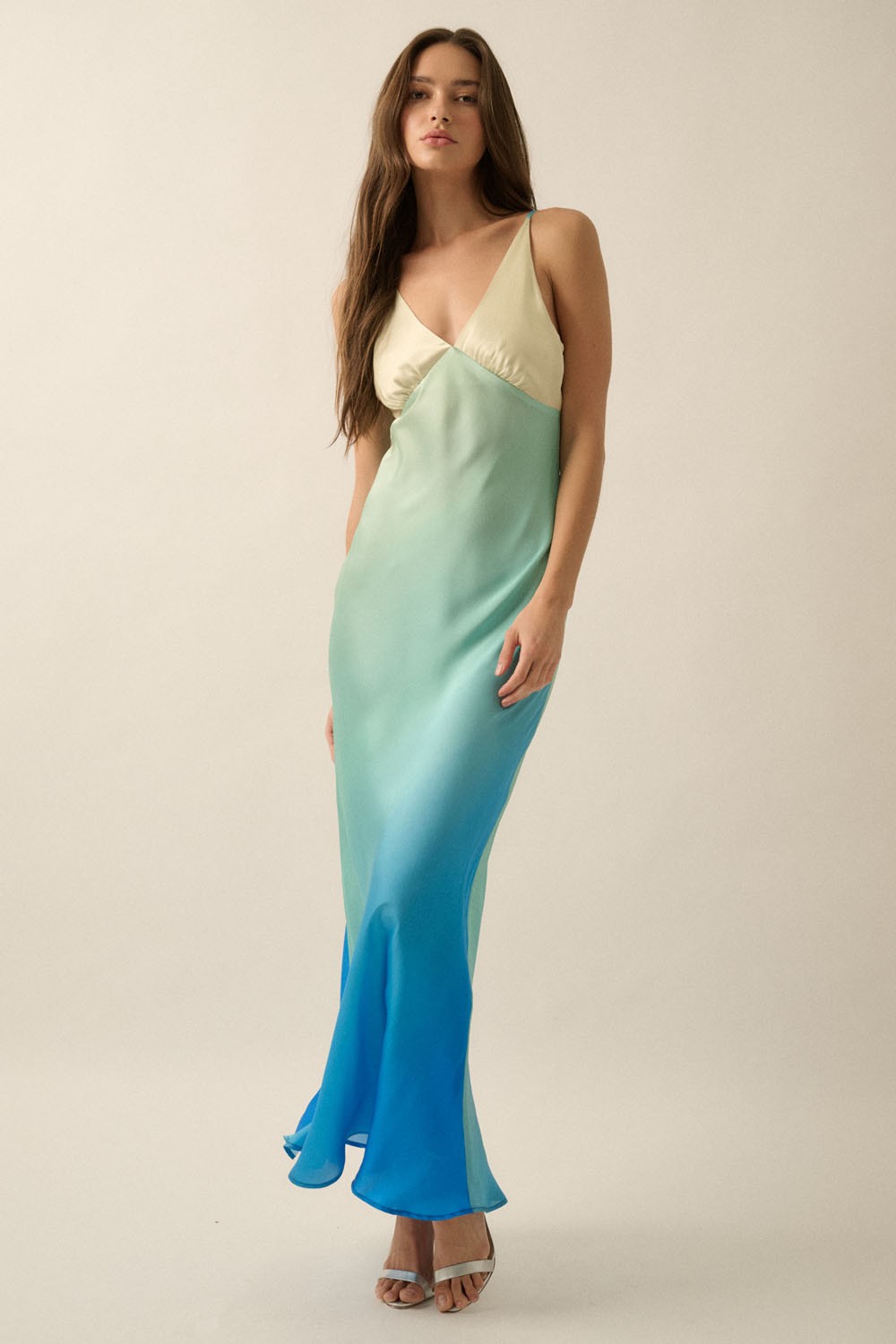 Ombre Satin Deep V-Neck Fit And Flare Slip Dress