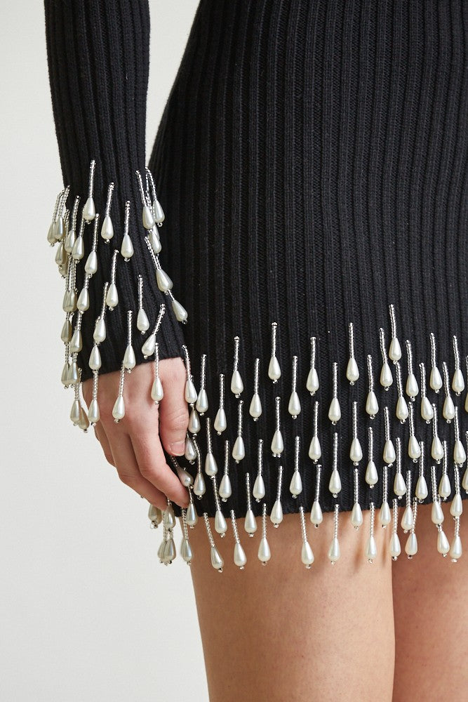 Pearl Beaded Ribbed Knit Dress