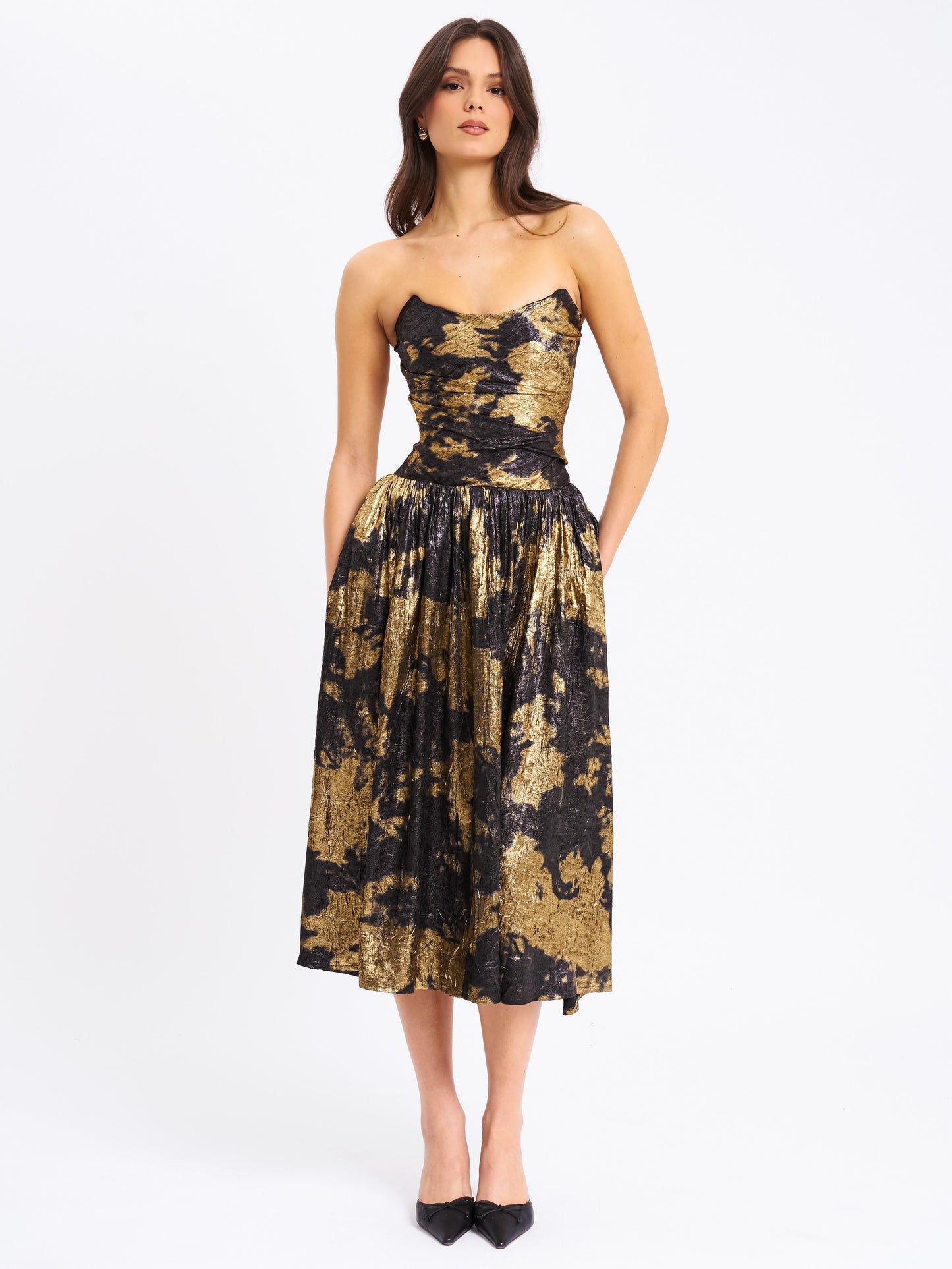 Saanvi Gold Tie Dye Bronzing Drop Waist Midi Dress