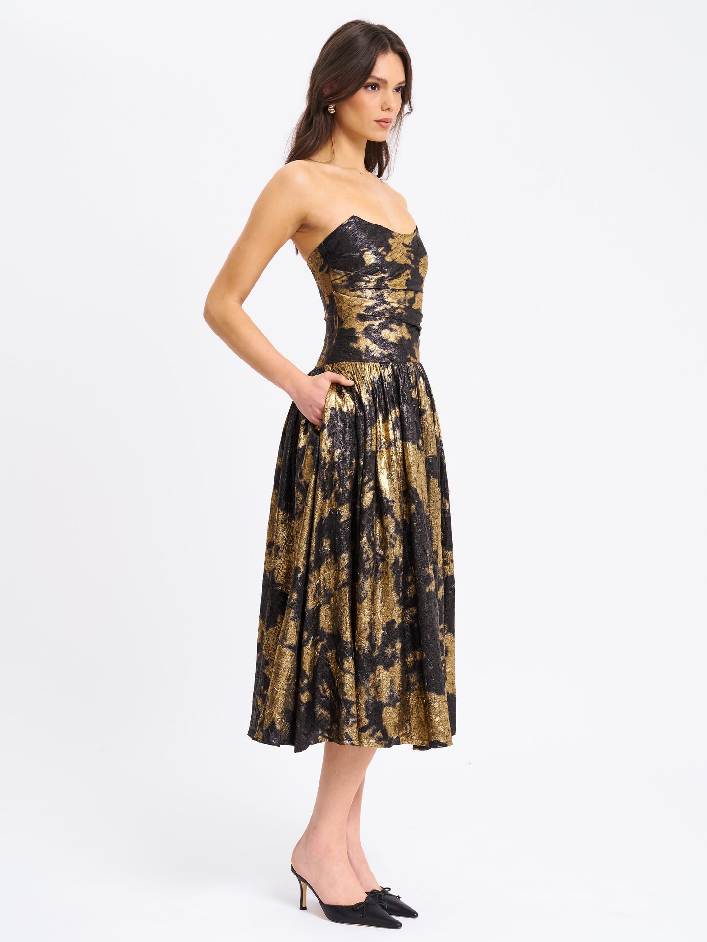 Saanvi Gold Tie Dye Bronzing Drop Waist Midi Dress