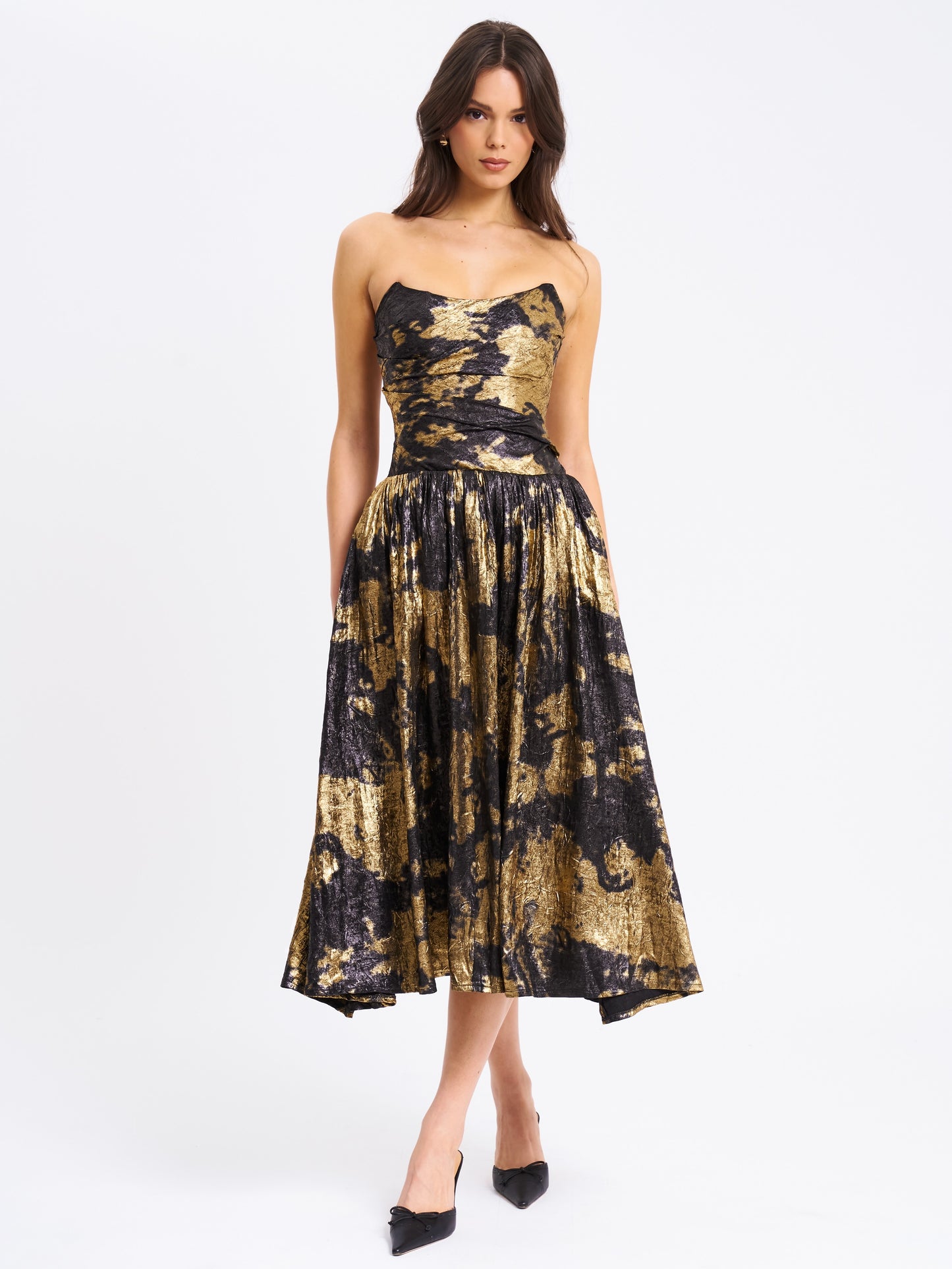 Saanvi Gold Tie Dye Bronzing Drop Waist Midi Dress