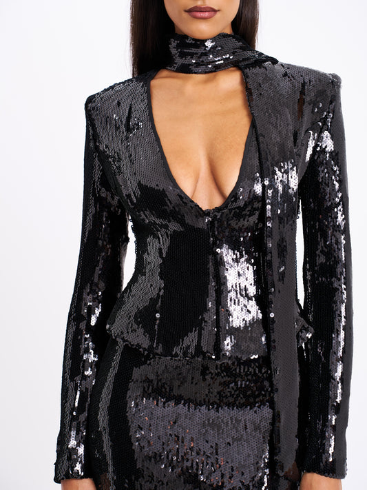 Tamina Black Sequin Deep V Peplum Top With Scarf